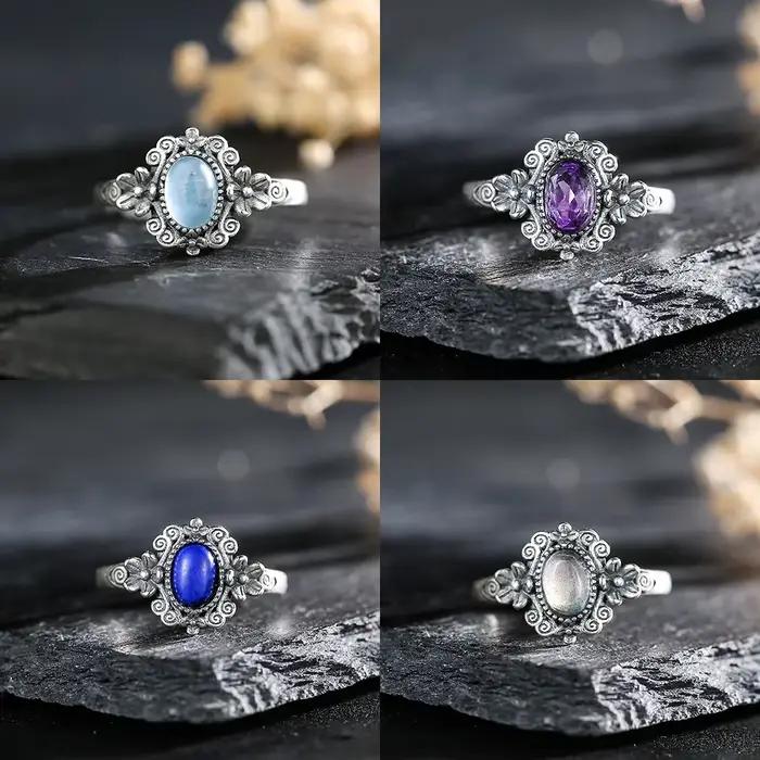 Bague en argent sterling 925 véritable avec améthyste 7x5mm, pierre de naissance, design floral vintage, anneaux ajustables, bijoux bohèmes, cadeau