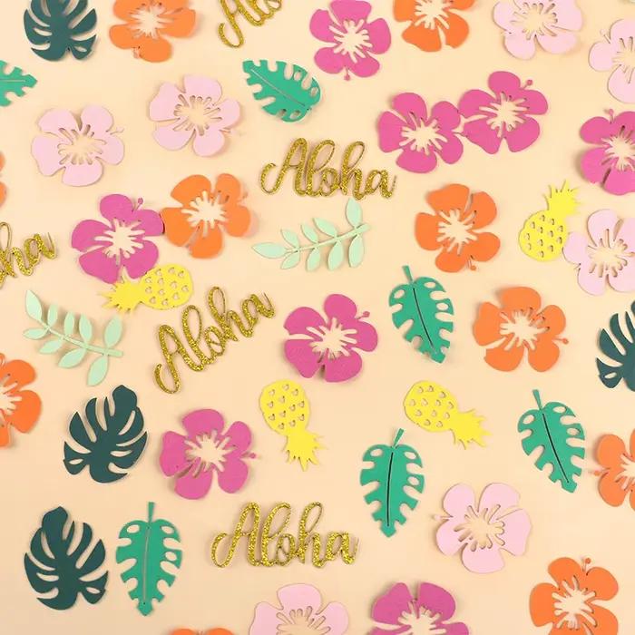 100 pièces de confettis de table Hawaï, fleurs tropicales, feuilles de palmier Aloha, décoration pour anniversaire d'été, fournitures de fête DIY