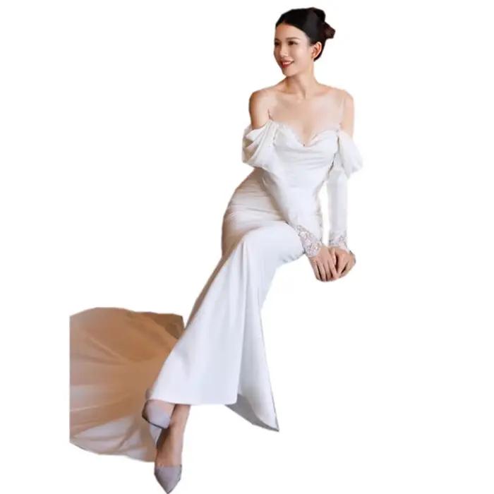Robe de mariée sirène avec train de balayage, décolleté en V, drapé, polyester, soie, acétate, pour femmes, occasions formelles et cérémonies de mariage