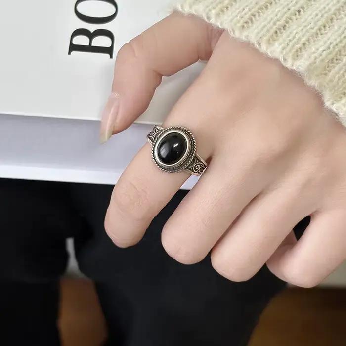 Bague coréenne Simple en Onyx noir pour femmes