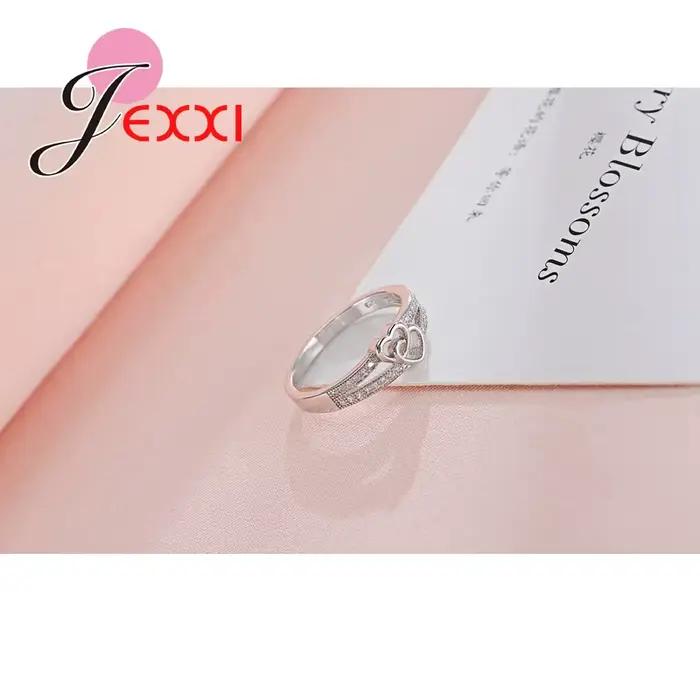 Bague en argent sterling 925 sertie de zirconium blanc romantique avec double cœur pour femmes occasions spéciales fiançailles mariage anniversaire party soirée chic
