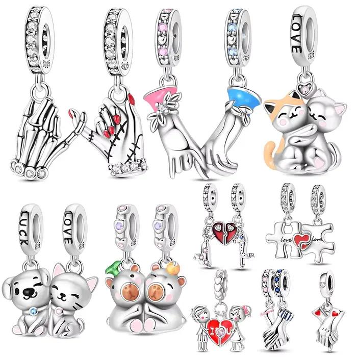 Pinky promesse Couple breloques perles 925 en argent Sterling tenant la main t'aime pendentif ajustement Original Bracelet bijoux à bricoler soi-même cadeau