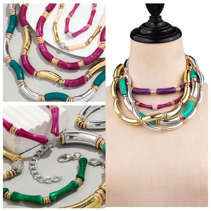 Bracelet Boho Acrylique Bambou Incurvé Empilable Géométrique Multicolore pour Femme Occasions Spéciales Collier Tracker Humeur
