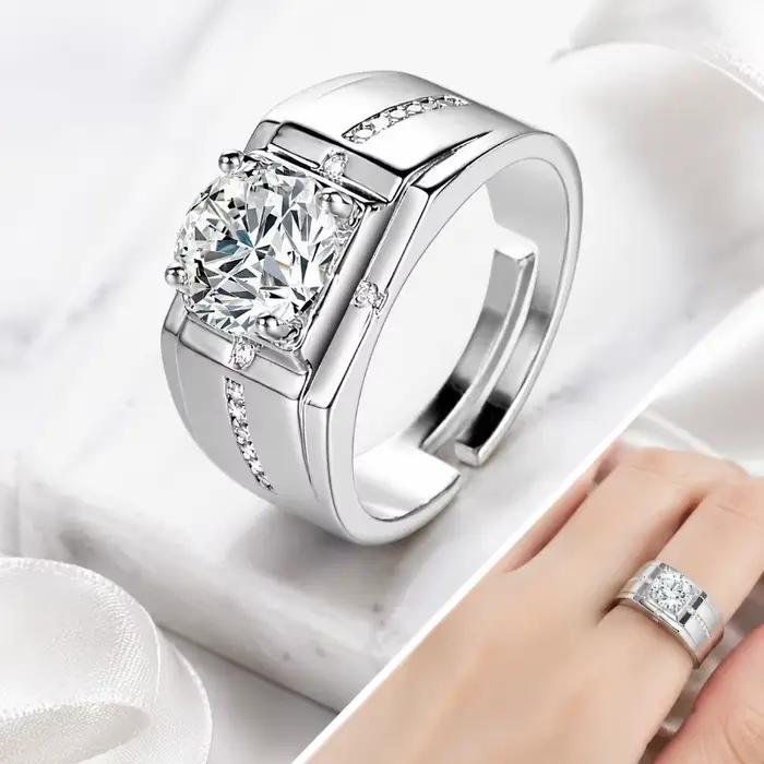 Bague pour homme en argent 925 avec diamant brillant, bague ouverte de style hip-hop haut de gamme, bijoux, paire de bagues, cadeau de mariage