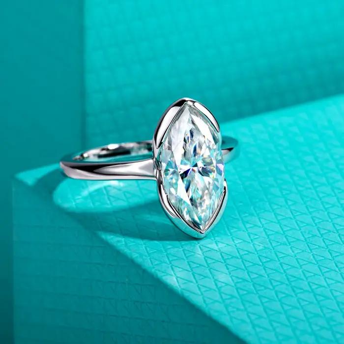 AnuJewel 3ct Marquise Moissanite bague de fiançailles 925 en argent Sterling demi-lunette réglage So