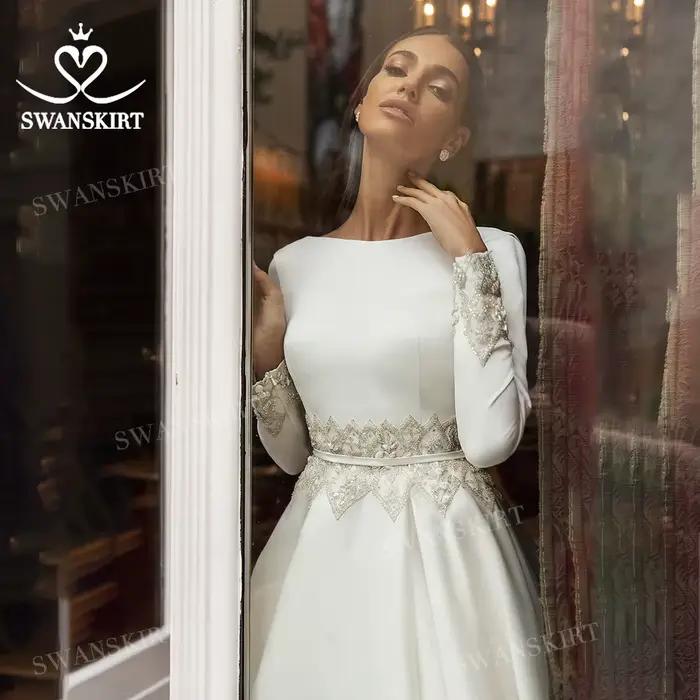 Robe De mariée trapèze en cristal, manches longues, luxe, perlée, personnalisée, princesse SwanSarah