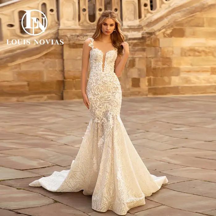 Modiis-Robe de mariée sirène pour femme, bretelles spaghetti, fleurs 3D modernes, appliques de perle