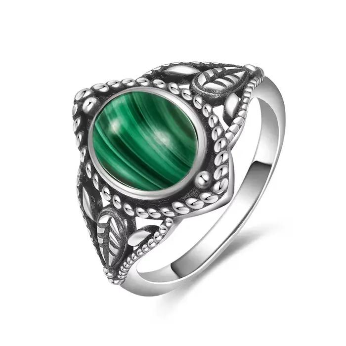 Bague vintage en argent sterling S925, ovale, ronde, en malachite naturelle, en forme de soleil et d