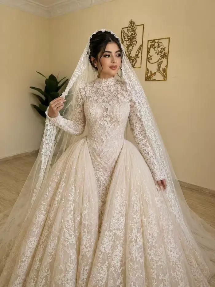 Robe de mariée musulmane de luxe, élégante, à manches longues, col haut, en dentelle, robe de mariée