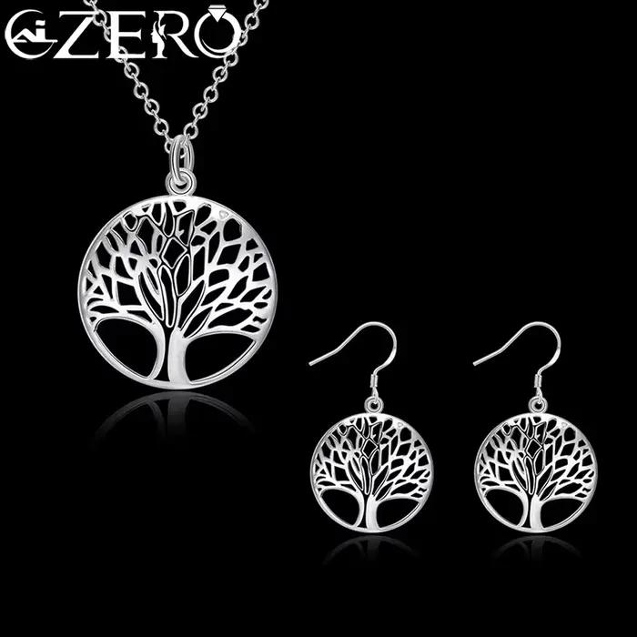 Ensemble de bijoux en argent Sterling 925 pour femme, pendentif d'arbre rond fin rétro, collier, bou
