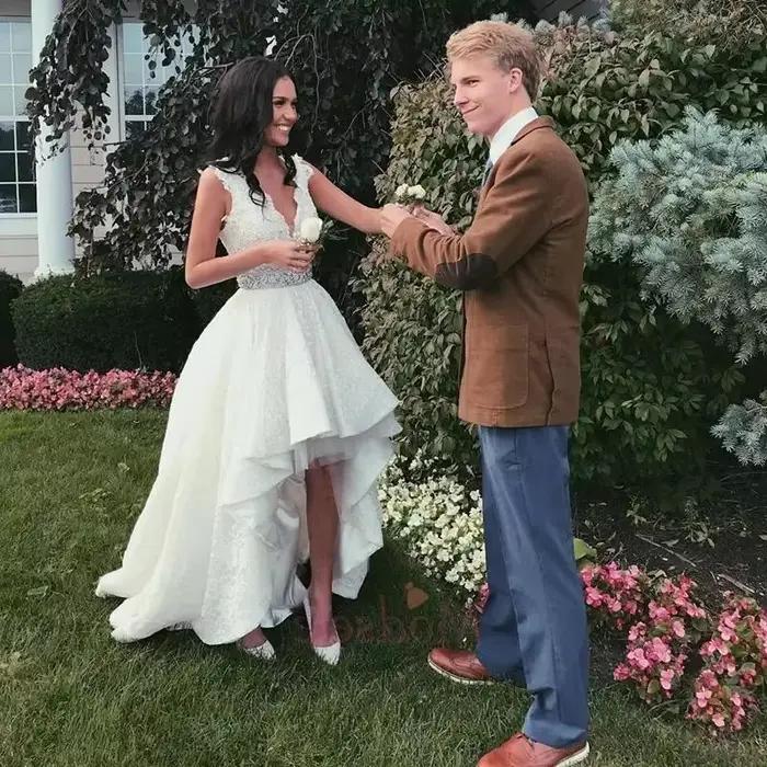Robe de mariée vintage à col en V, appliques en fibre de dentelle, devant court, long dos, jardin de