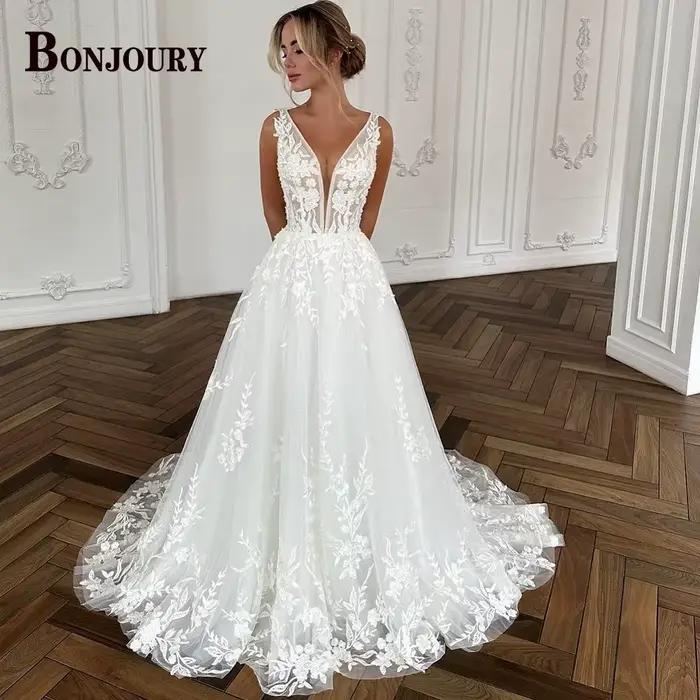 BONJOURY – Robe De mariée tendance pour femmes, col en v, sans manches, ligne a, avec des Appliques