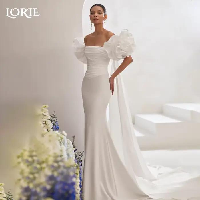 LORIE robes de mariée Vintage fleur 3D épaules dénudées brillant Satin a-ligne ivoire robe de mariée