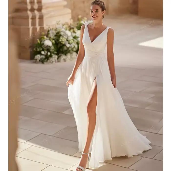 Robe De mariée Vintage entièrement en mousseline De soie, ligne a, fendue, col en v, sans manches, p