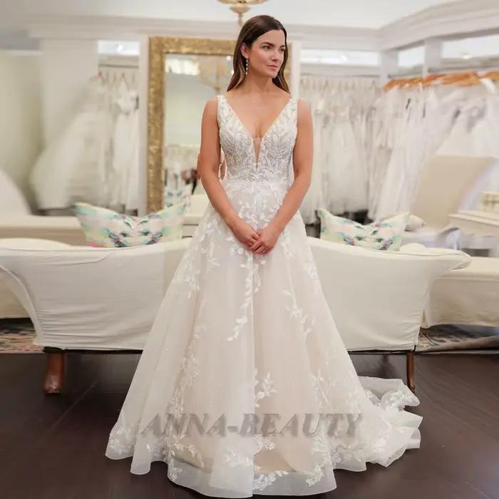 Anna Charmante robes de mariée en tulle pour la mariée, col en V, appliques en fibre de dentelle, la