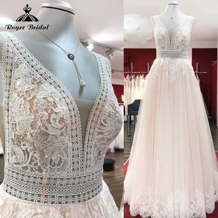 Robe de mariée vintage bohème champagne, appliques en dentelle, col en V, train de balayage, robe éd