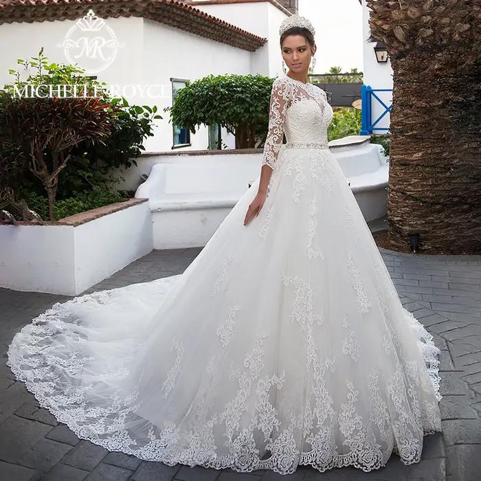 Michelle Royce robe De bal robe De mariée avec ceinture en cristal encolure dégagée chapelle Train p