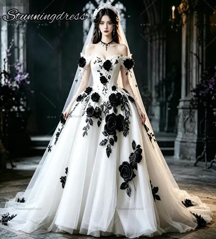 Robe de mariée blanche gothique avec fleurs 3D noires en forme de rose, corset épaules dénudées, rob