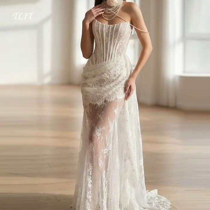 Robes de mariée sirène vintage en dentelle TLIT, personnalisées, sans bretelles, effet illusion, san