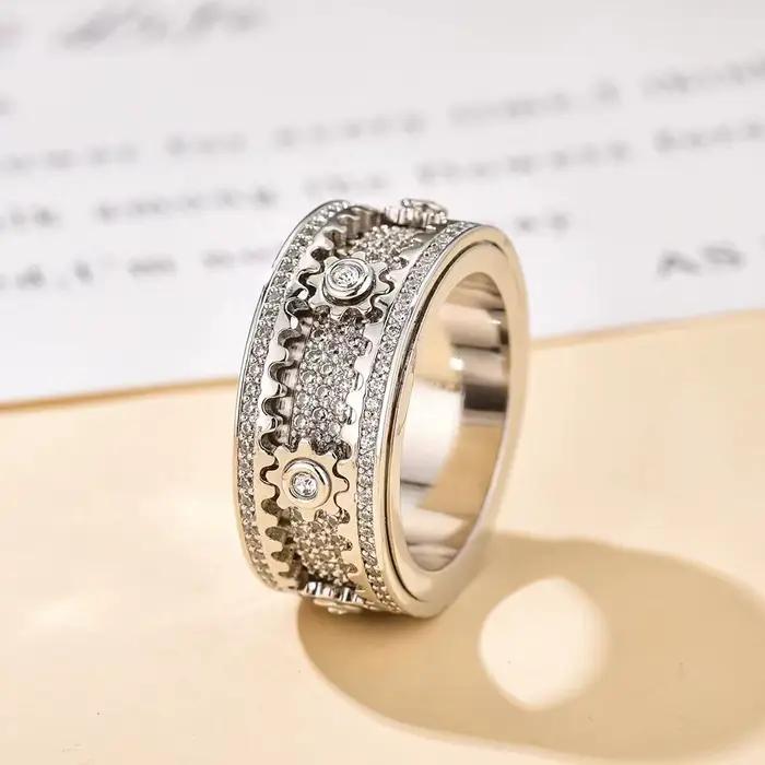 Bague de bande 3D faite à la main, diamant orné d'engrenage géométrique, anneaux rotatifs, décompres