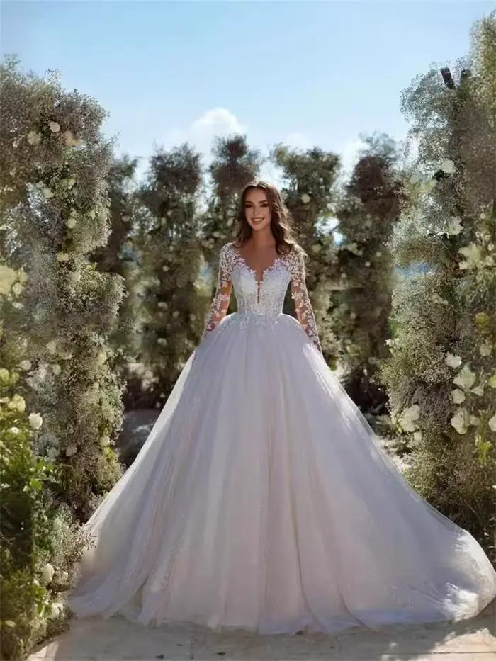 Robe de mariée élégante à col en V, manches longues, appliques en tulle brillant, robe A-ligne pour