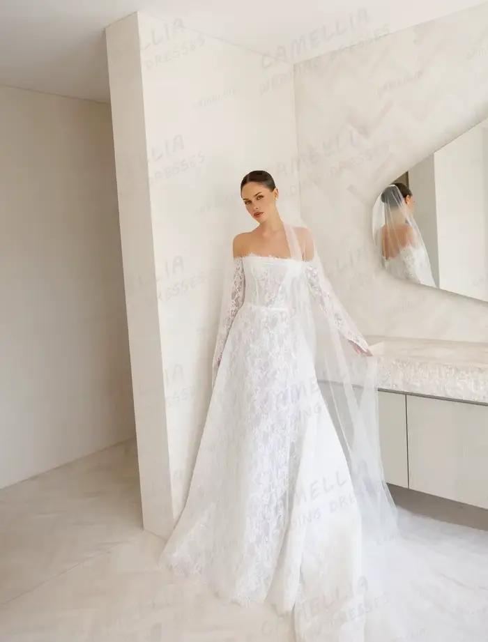 Robes De mariée simples style Boho, ligne A, Sexy, épaules dénudées, manches longues, avec des Appli