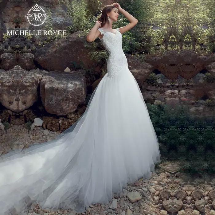 Michelle Royce sirène robes De mariée Sexy chérie Appliques Illusion bouton chapelle Train robes De