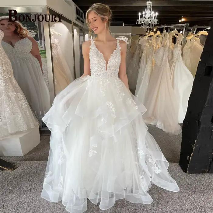 BONJOURY – robe De mariée moderne pour femmes, débardeur à plusieurs niveaux, dos nu, col en v, avec