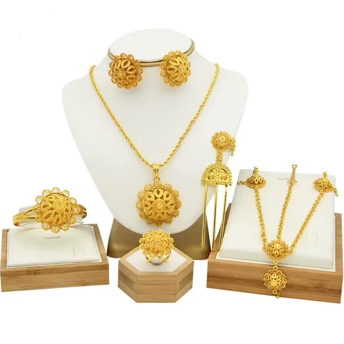 Ensemble de bijoux plaqué or 24 carats éthiopien, 6 pièces, pour femme, Dubaï, africain, indien, gra