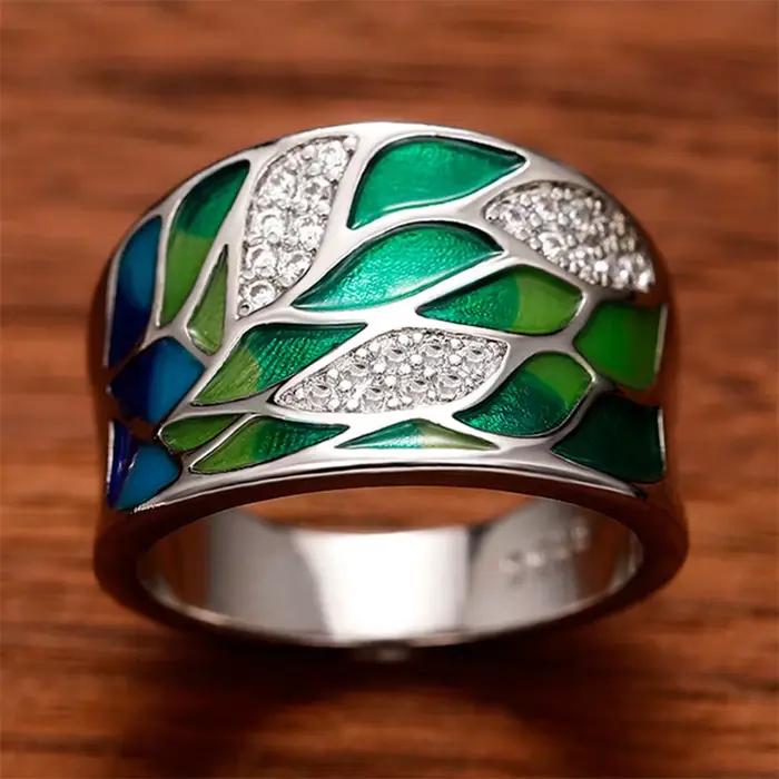 Huitan – bague en émail feuille verte de style bohémien pour femmes, bagues charmantes pour dames, c