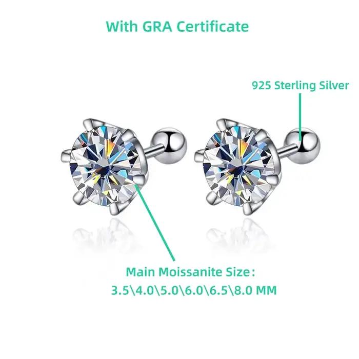 TY 0.3-2CT boucles d'oreilles Moissanite 925 en argent Sterling boucles d'oreilles rondes boucles d'