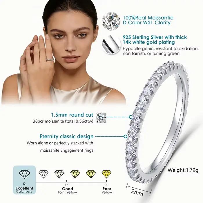 ALLNOEL 2mm bague Moissanite complète pour femmes couleur D VVS1 femme bague à queue unique 925 bagu