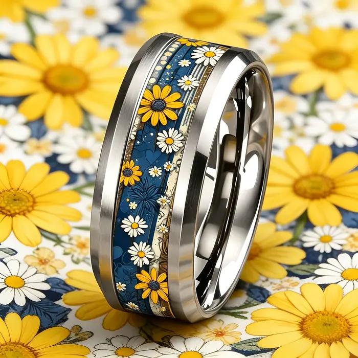 Bague Bohème Vintage Fleur Marguerite Jaune & Blanche, Élégante en Acier Inoxydable, pour Femme et H