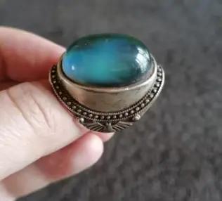 Bague Statement Cabochon Bleu-Vert Style Argent Tibétain Vintage avec Cadre Perlé Tribal Ovale Bohèm