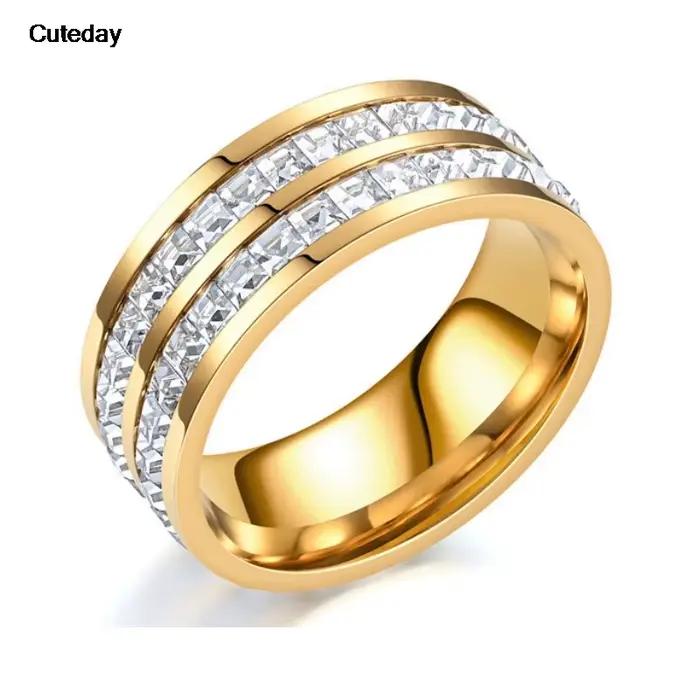 Bague ronde incrustée de Zircon blanc pour femmes et hommes, couleur argent et or brillant, bijoux d