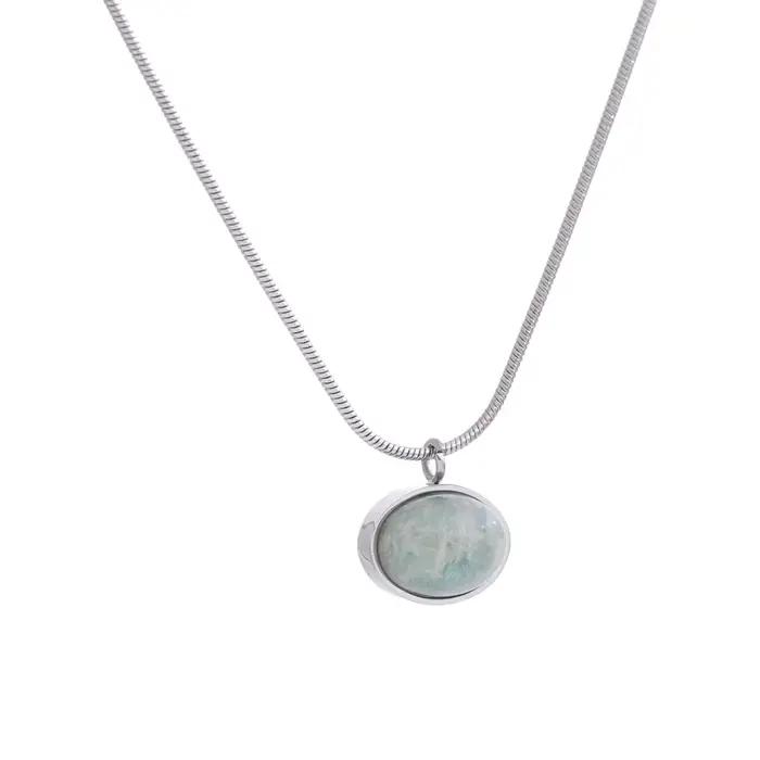 NiNice – collier avec pendentif ovale en pierre d'amazonite naturelle, étanche, en acier inoxydable,