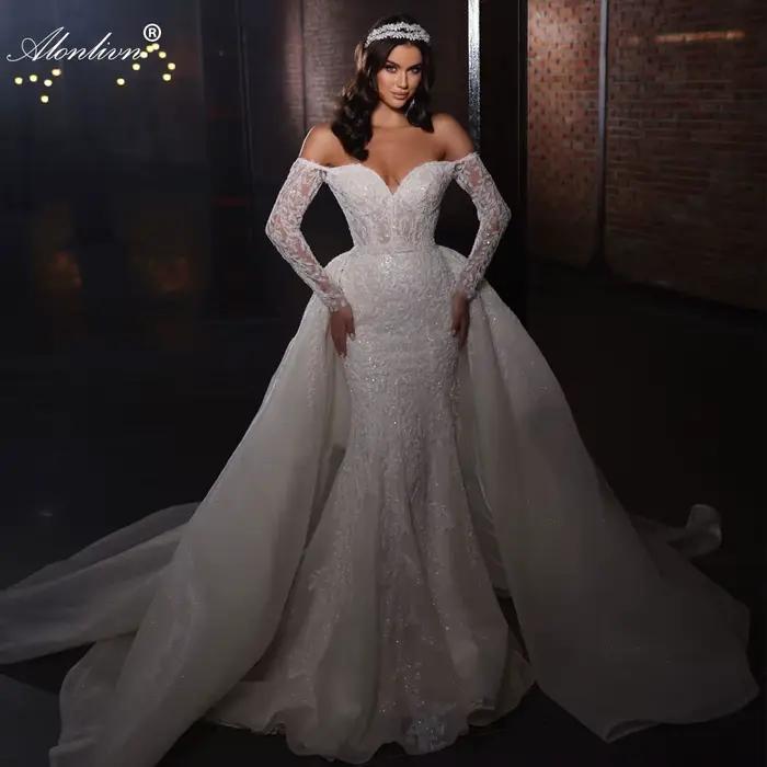 Alonlivn-Robe de mariée brodée luxueuse, 2 en 1, robe de patients sirène, appliques de perles, dente