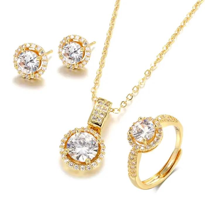Kinel – ensemble de bijoux en or Zircon 18 carats, bague de fiançailles, collier, boucles d'oreilles
