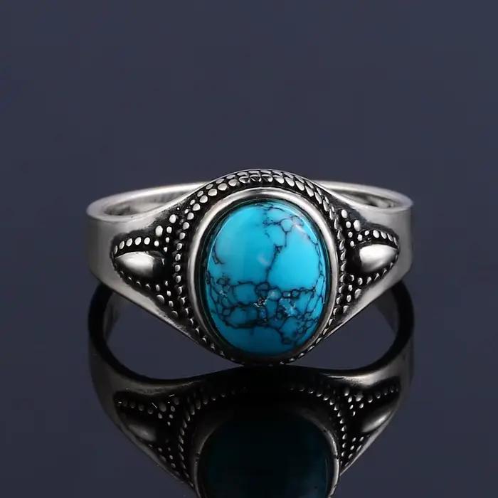 Bagues de fiançailles en argent S925 Turquoise naturel pour femmes et hommes, bijoux fins Vintage, o