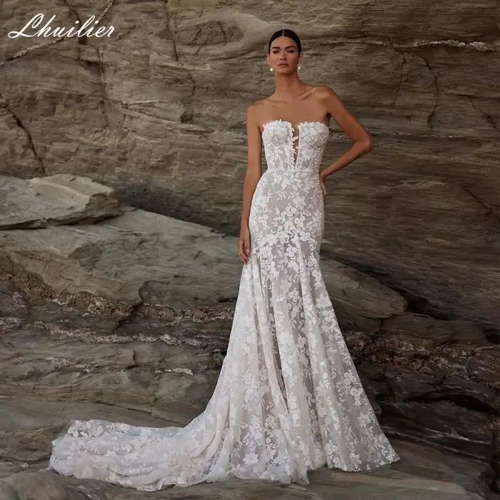 Robes de mariée sirène en dentelle sans bretelles personnalisées Lhuillier, sans manches, ornées de