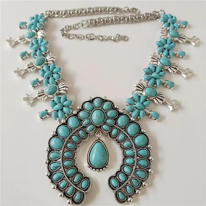 Nouveauté 2026 : Parure de bijoux pour femme, style bohème ethnique, en résine turquoise, avec colli