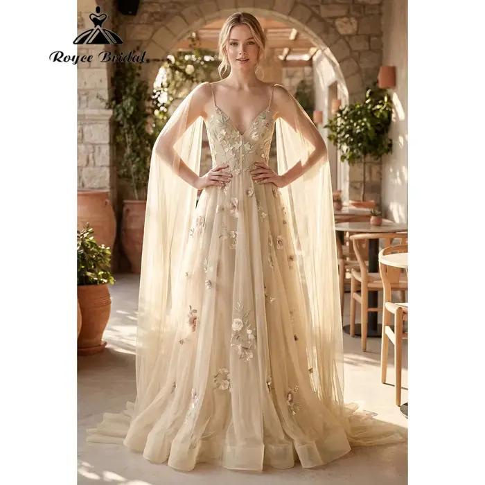 Robe de mariée romantique Roycebridal en tulle brodé floral à col en V, coupe trapèze, modèle 2026 p
