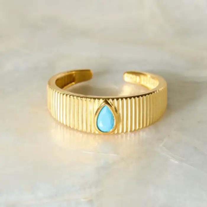 Bague en Acier Inoxydable Incrustée de Pierre Turquoise Naturelle pour Femme, Bijoux Bohème, Échelle