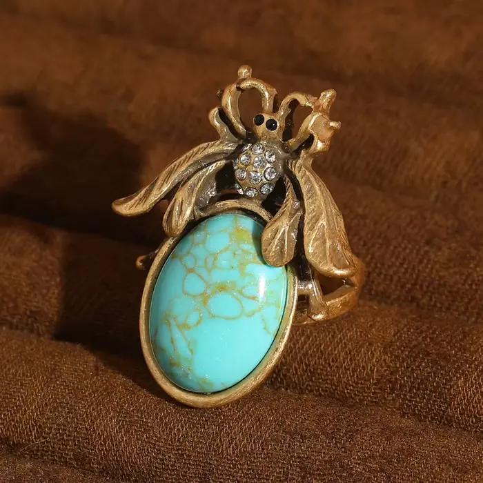 Parure de bijoux vintage en turquoise avec portrait camée, plaqué or antique, pendentif abeille en s