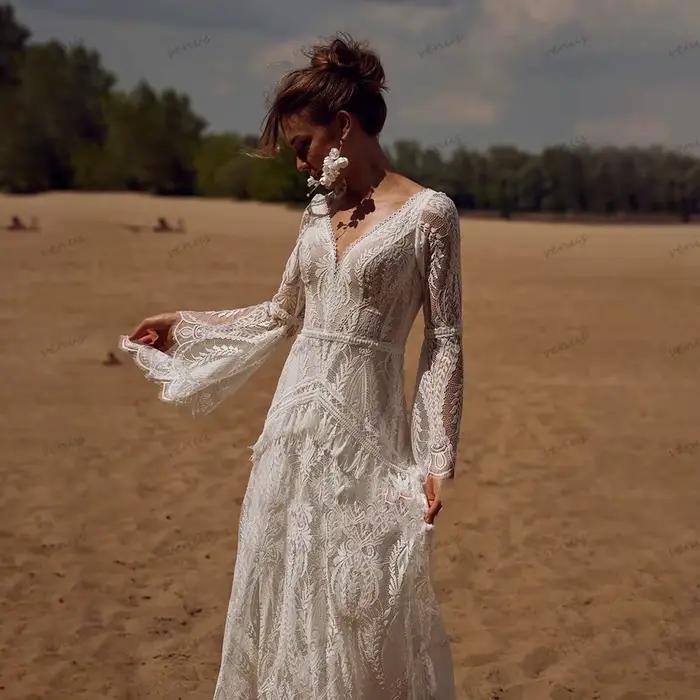 Robe De mariée Vintage style bohémien, col en v, dos nu, manches évasées, en dentelle, personnalisée
