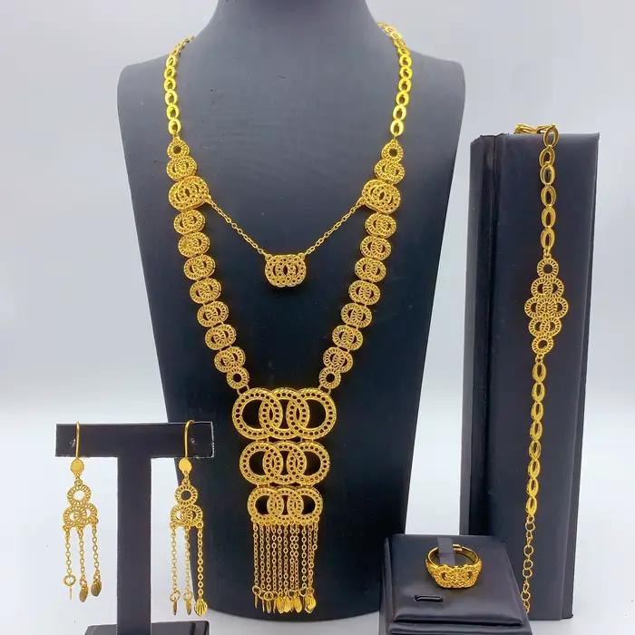 Parure de bijoux de mariage nigériens de Dubaï, collier long à pampilles, bracelet, boucles d'oreill