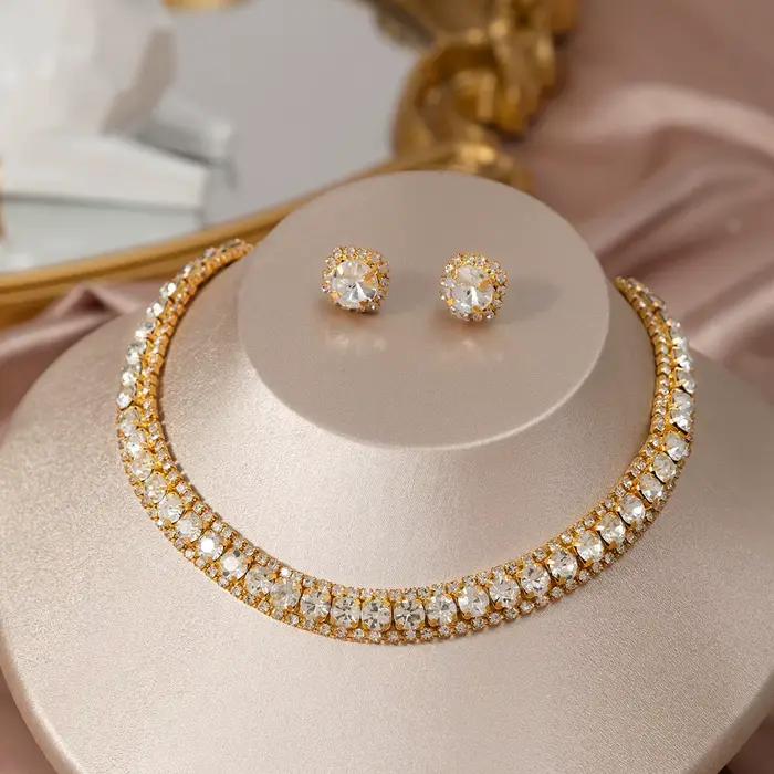 Collier et boucles d'oreilles décorés de strass pour femmes, ensemble de bijoux tendance, accessoire