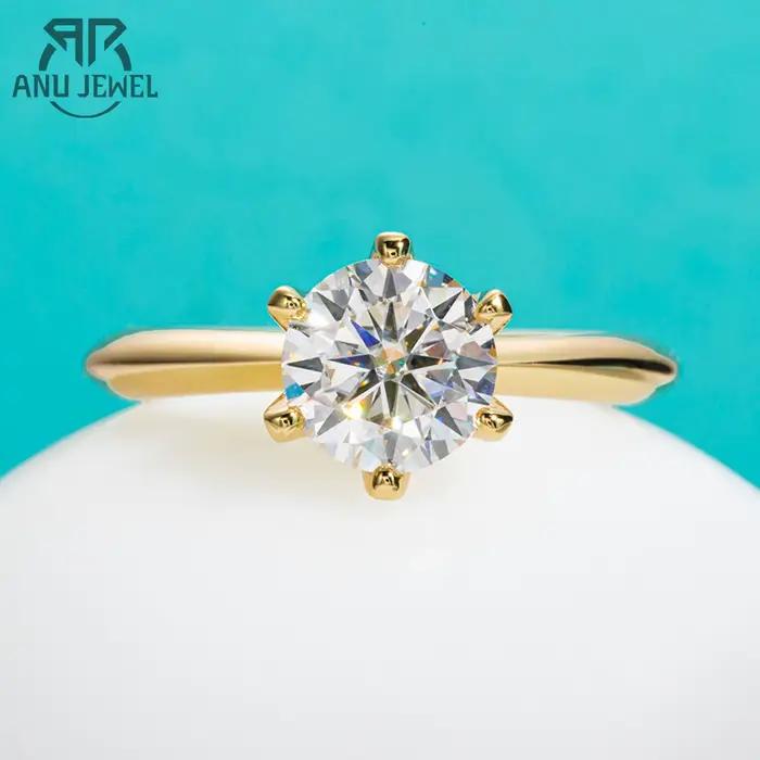 AnuJewel plaqué or jaune 2ct 3ct D couleur Moissanite bagues de fiançailles Solitaire pour les femme