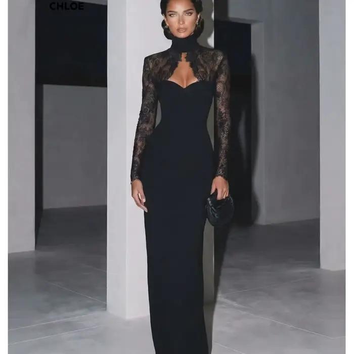 Robes de mariée à manches longues pour occasions spéciales, robes de soirée élégantes noires, col ro