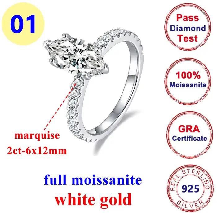 Bague de fiançailles entièrement en moissanite et diamant pour femme, argent regardé 925, or 18 cara